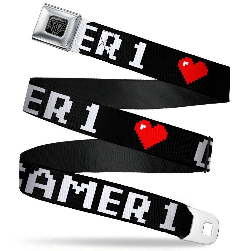 8123 Seatbelt Belt GAMER 1/Heart 8-Bit Black/White/Red 1.0" Wide